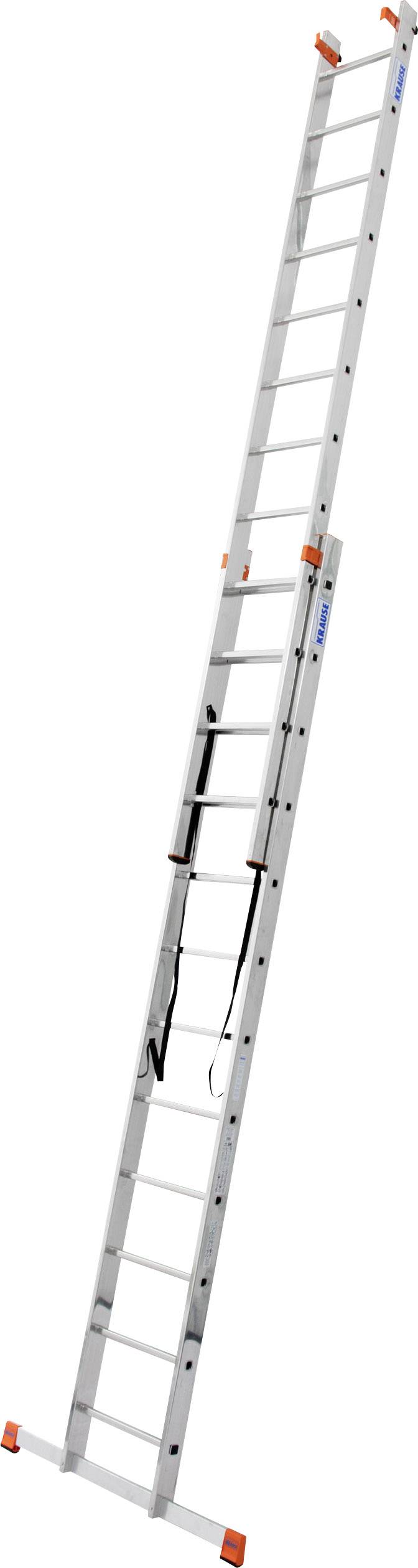 Eine lange Aluminium-Leiter mit rutschfesten Stufen und orangefarbenen Sicherheitselementen auf beiden Seiten.