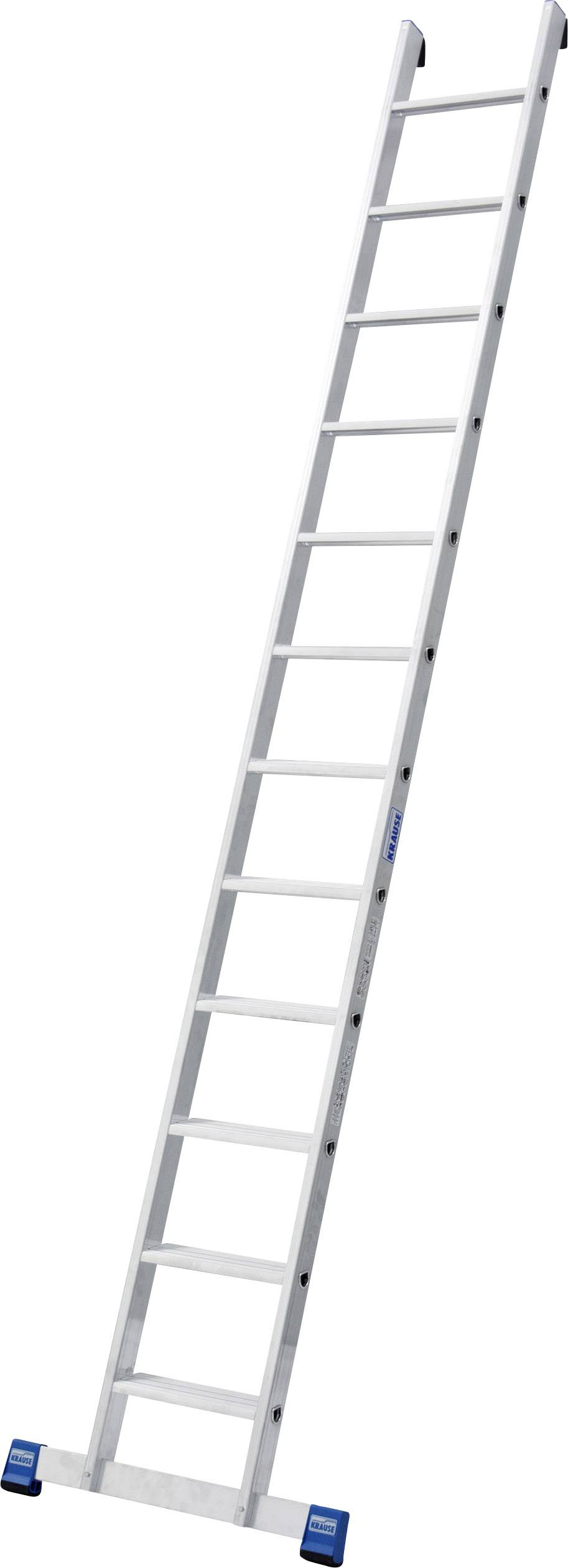 Eine lange, freistehende Aluminiumleiter mit blauen rutschfesten Füßen, elf Sprossen und angewinkelten Enden zur Stabilität.