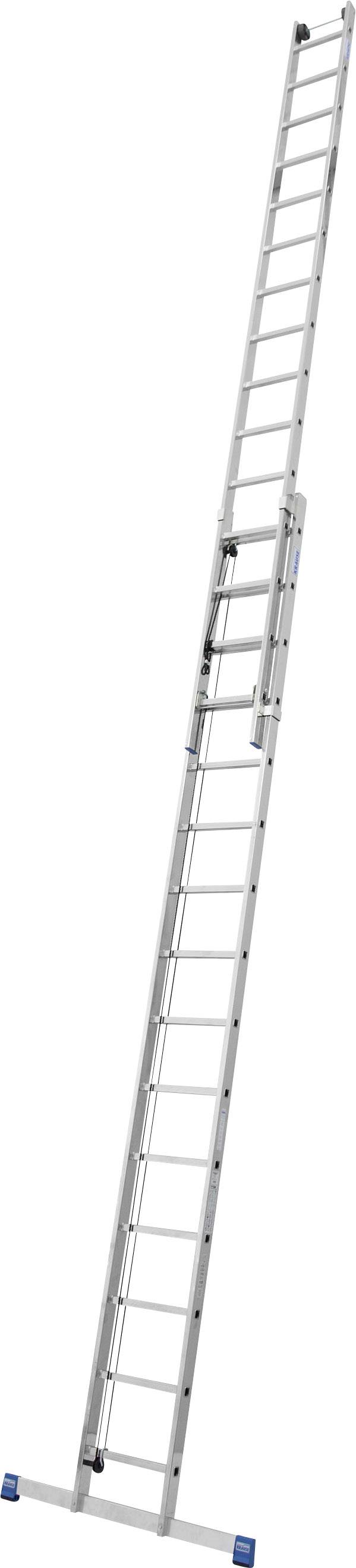 Aluminium-Leiter, ausgefahren, steht aufrecht. Sie hat rutschfeste Sprossen und blaue Endkappen für Stabilität und Sicherheit.