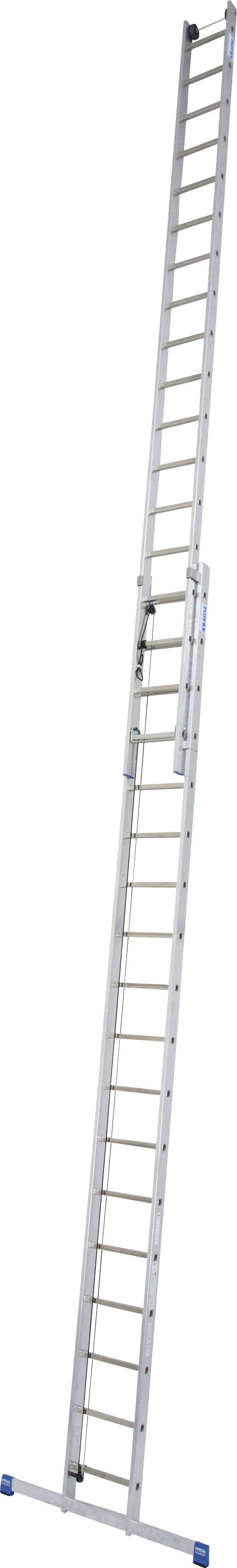 Lange, silberne Anstellleiter mit blauen Gummifüßen, erweiterbar für flexible Höhenarbeit.