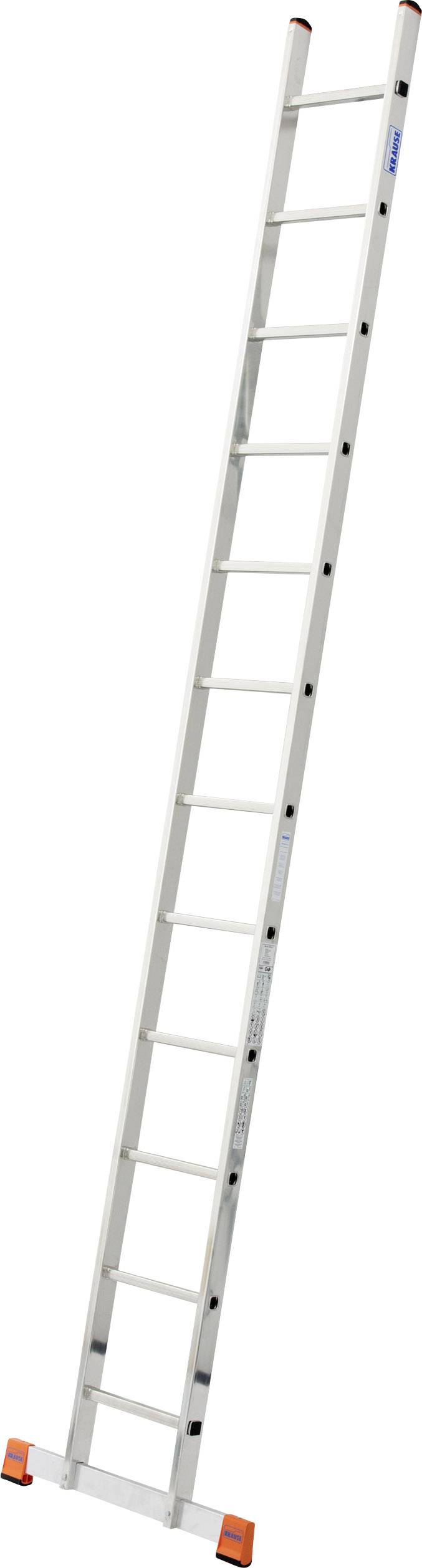 Eine lange, weiße Aluminiumleiter lehnt schräg nach rechts. Sie hat rutschfeste Füße in Orange für zusätzliche Stabilität.