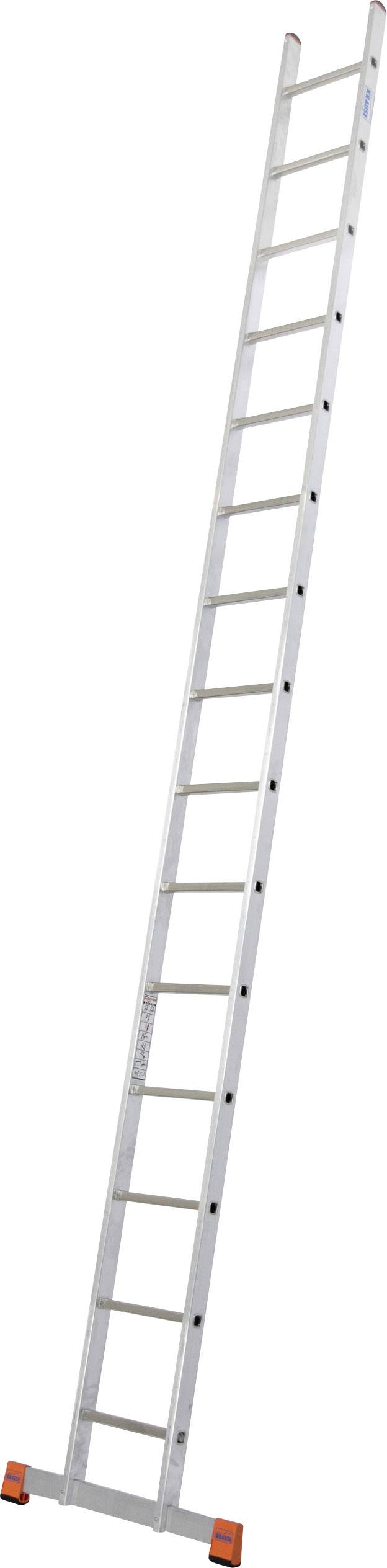Einzelne lange Aluminiumleiter mit schwarzen und orangefarbenen Sicherheitsfüßen. Sie hat 16 Sprossen.