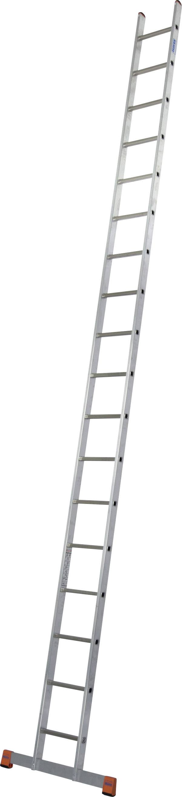 Eine lange Aluminiumleiter mit 12 Sprossen, leicht schräg stehend. Sie hat orangefarbene Kappen an den Füßen zur Stabilität.