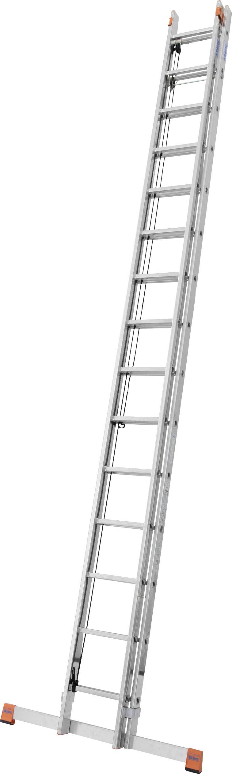 Eine lange, silberne Alu-Leiter mit orangefarbenen Gummifüßen, ausgefahren für hohe Arbeiten oder Reparaturen.