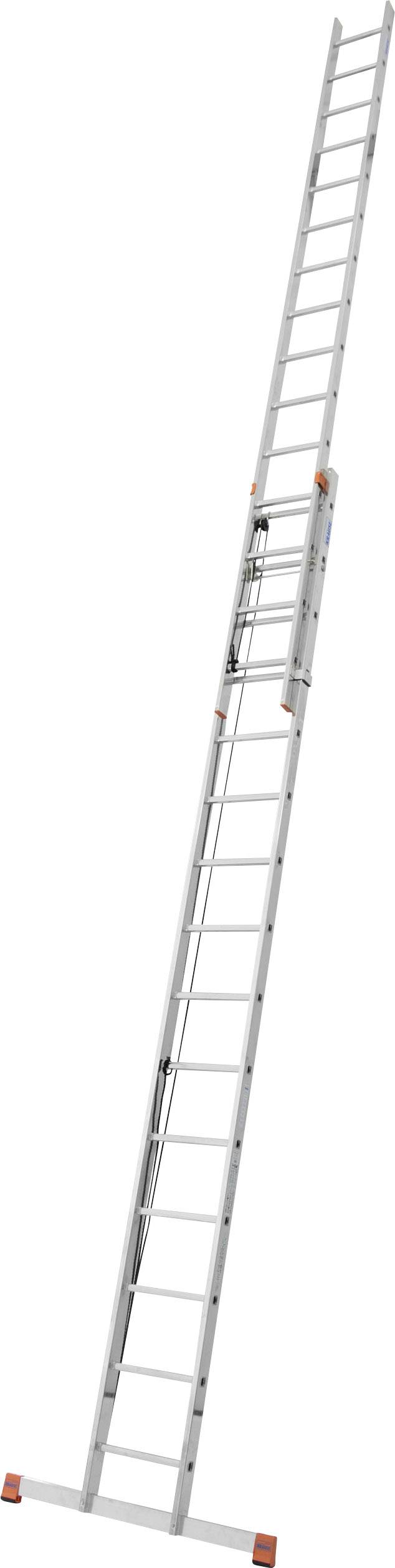 Eine lange, ausgefahrene Leiter mit mehreren Sprossen aus Aluminium, auf einer Seite orangefarbene Gummifüße für Stabilität.