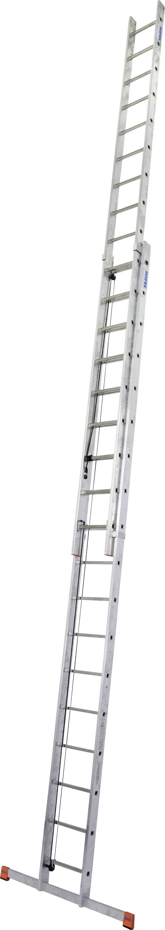 Eine ausziehbare Aluminiumleiter, voll ausgefahren, mit breiten Sprossen und stabilen Standfüßen für sichere Höhenarbeit.