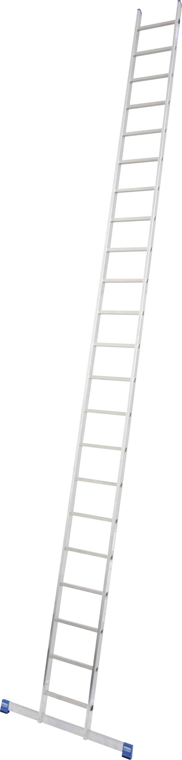 Eine lange weiße Anstellleiter aus Aluminium mit blauen rutschfesten Füßen, geeignet für Arbeiten in großer Höhe.