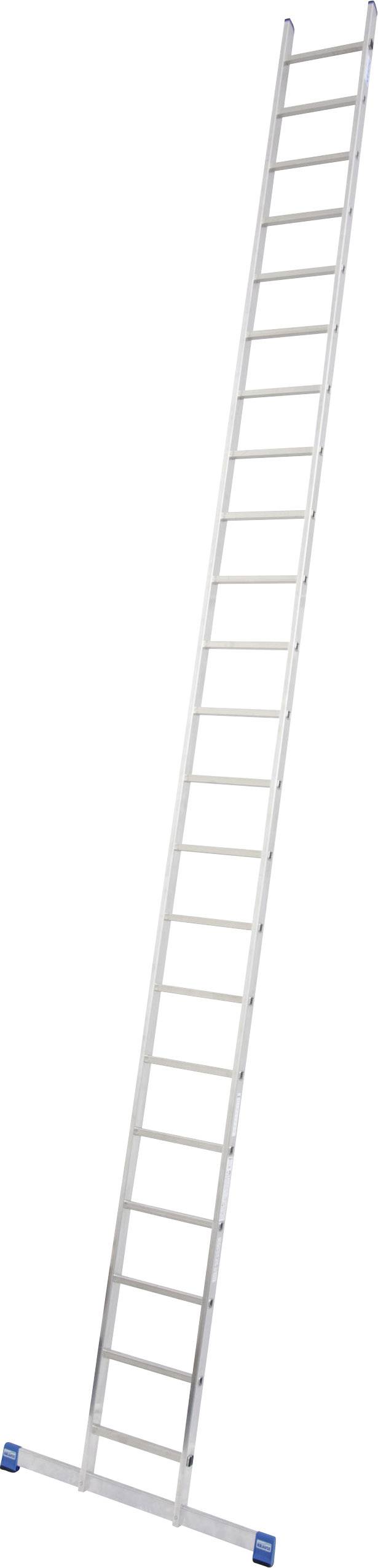 Eine lange weiße Anstellleiter mit blauen Endkappen, schräg nach oben rechts ausgerichtet.