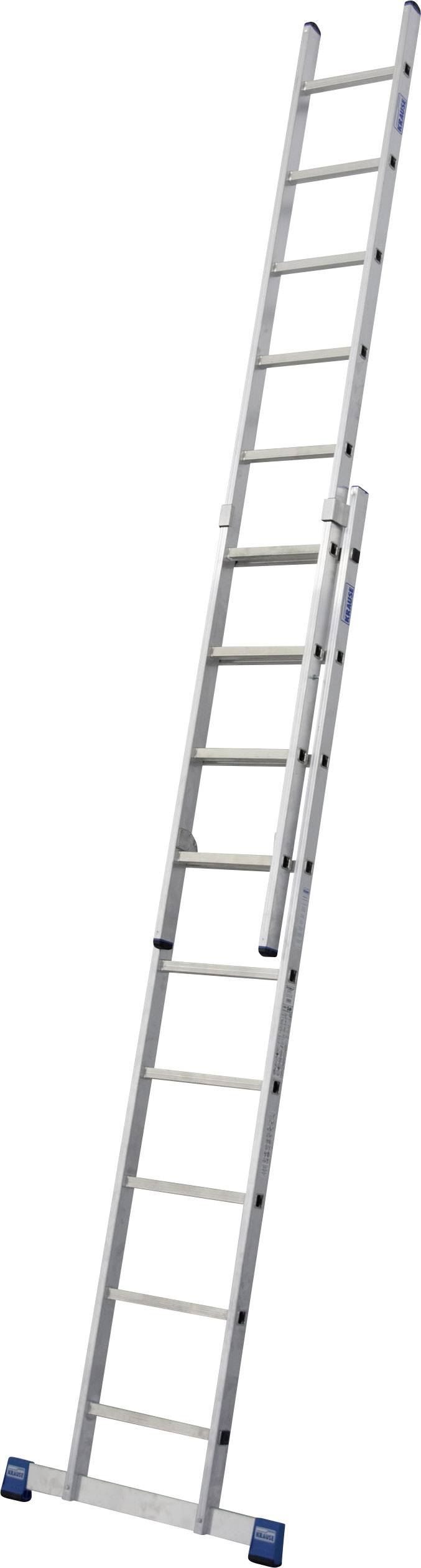 Eine ausgezogene Aluminiumleiter steht aufrecht. Sie hat mehrere Stufen und ist für hohe Arbeiten geeignet.