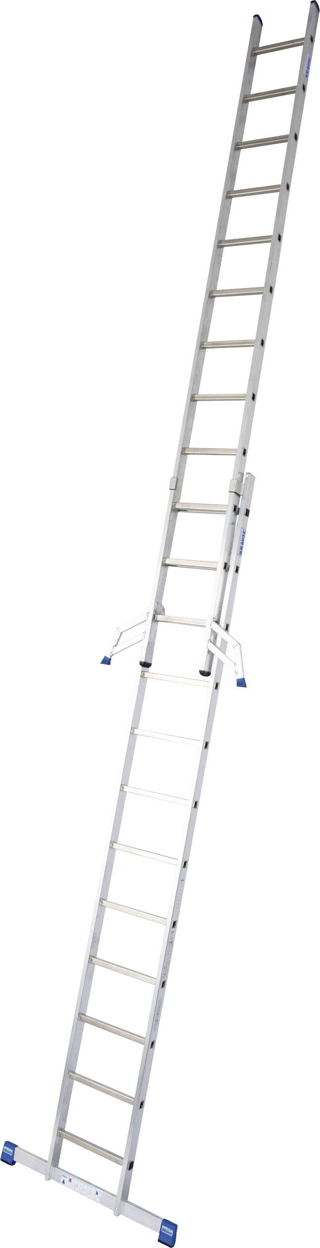 Eine lange, silberne Anstellleiter aus Aluminium mit blauen Gummifüßen, vollständig ausgefahren und angewinkelt zur vertikalen Aufstellung.