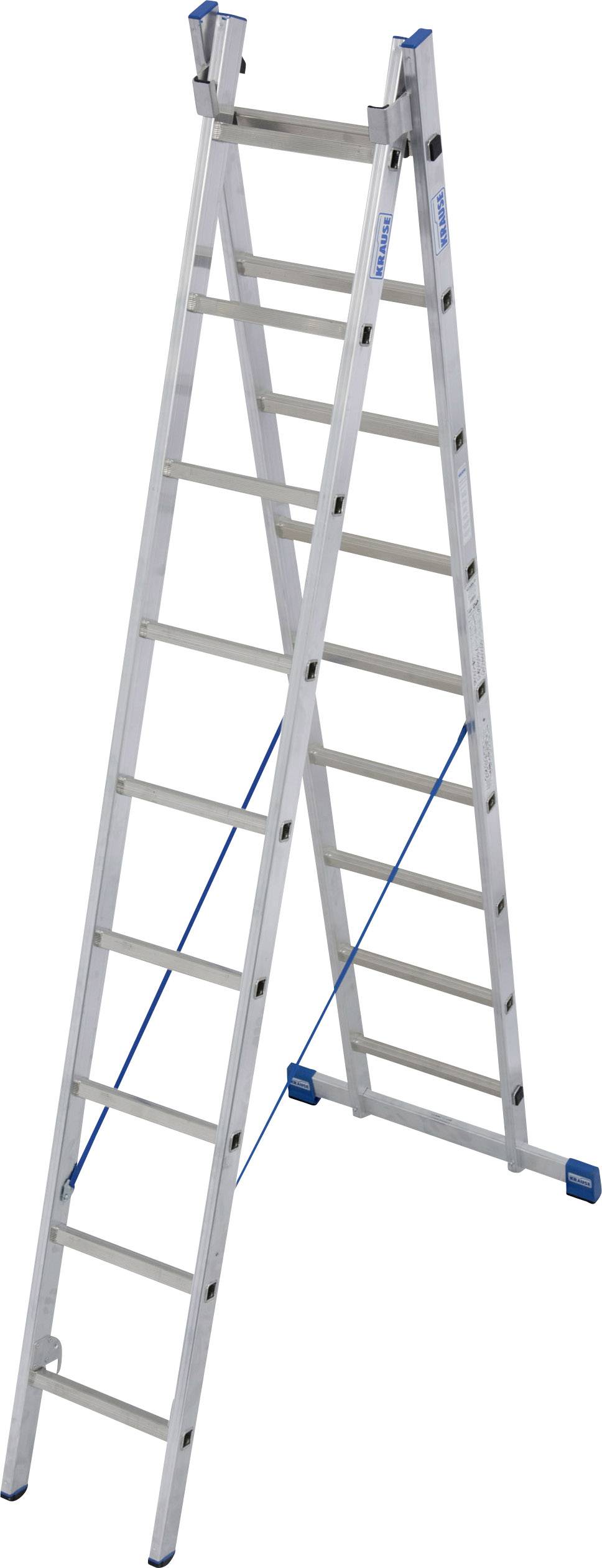 Leiter mit Aluminiumrahmen, ausgezogen mit blauer Sicherheitsstütze, geeignet für Bauarbeiten oder Reparaturen in größeren Höhen.