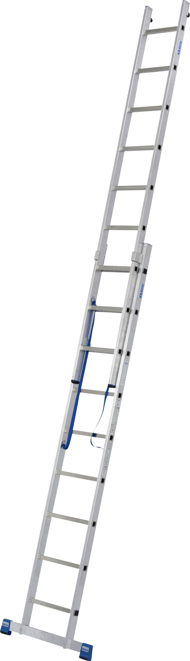 Eine lange, silberne Aluminiumleiter, ausgezogen und schräg nach oben gelehnt.