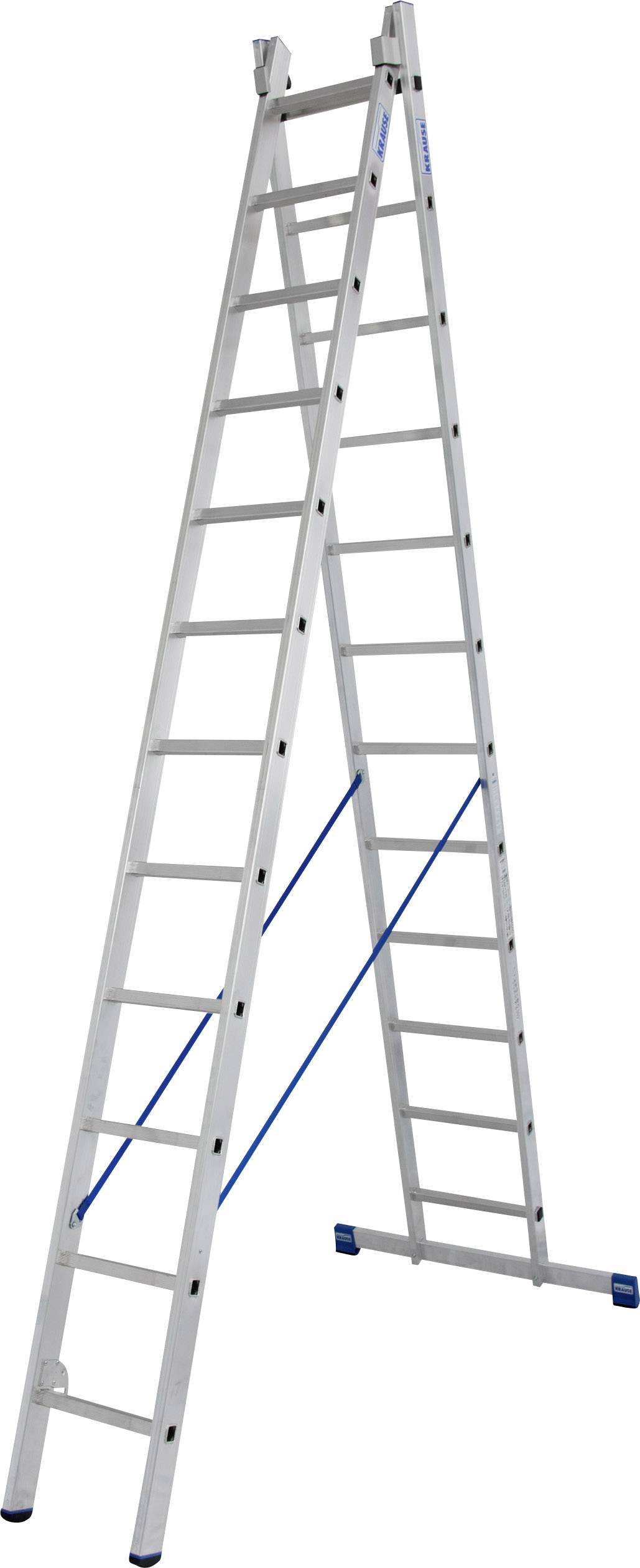 Weiße Anlegeleiter mit blauen Streben, ausgeklappt in A-Form, steht aufrecht.