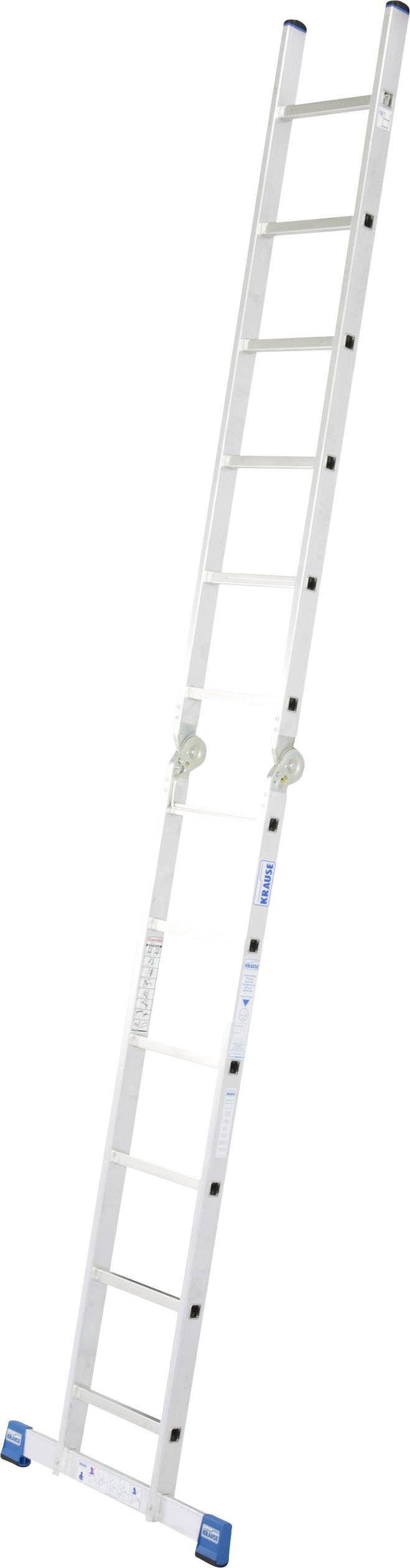 Eine lange weiße Anstellleiter, ausgestreckt, mit blauen Rutschfüßen. Geeignet für hohe Bereiche.
