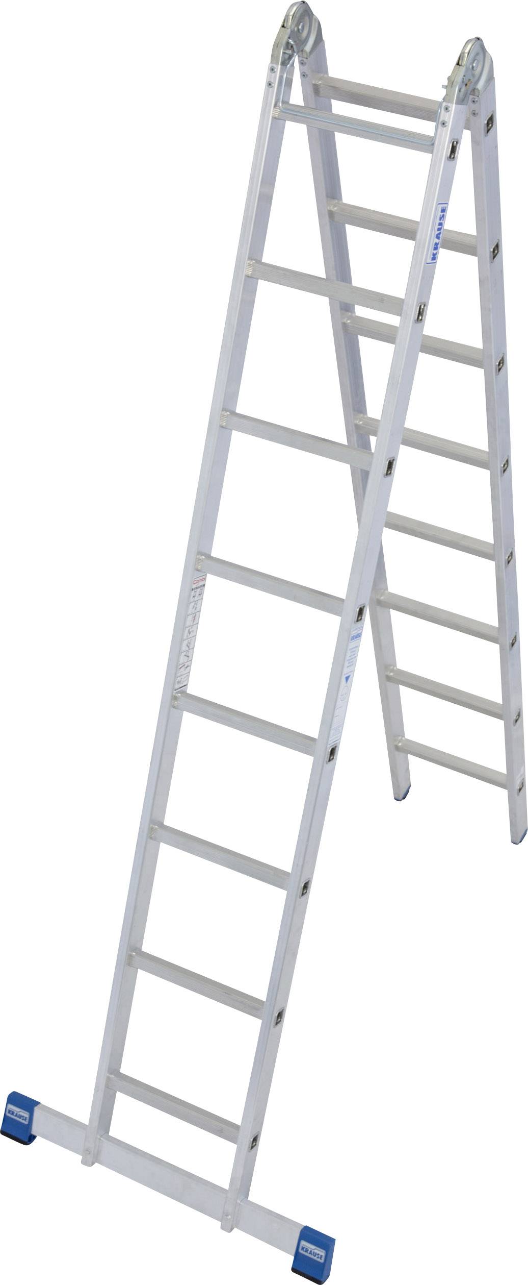 Eine weiße Anstellleiter aus Metall mit blauen Stützfüßen, steht anlehnend. Ideal für den Einsatz in Haushalt oder Gartenarbeiten.