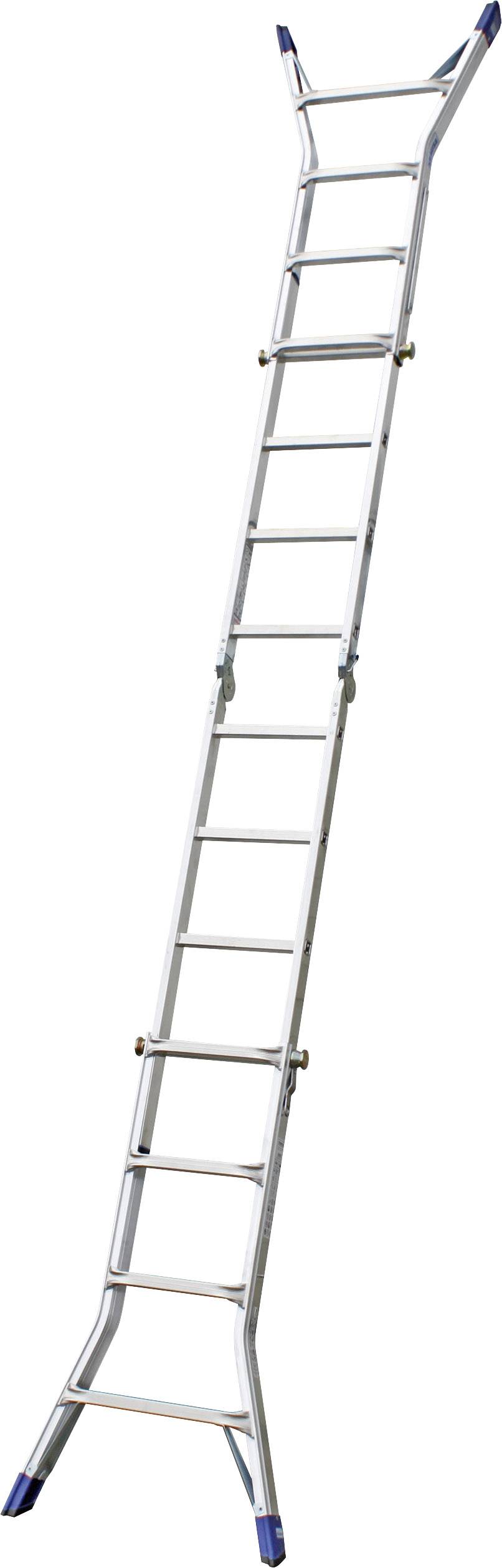 Eine lange, silberne Leiter mit blauen Füßen steht schräg, bereit zum Einsatz. Sie hat mehrere Sprossen und einen stabilen Rahmen.