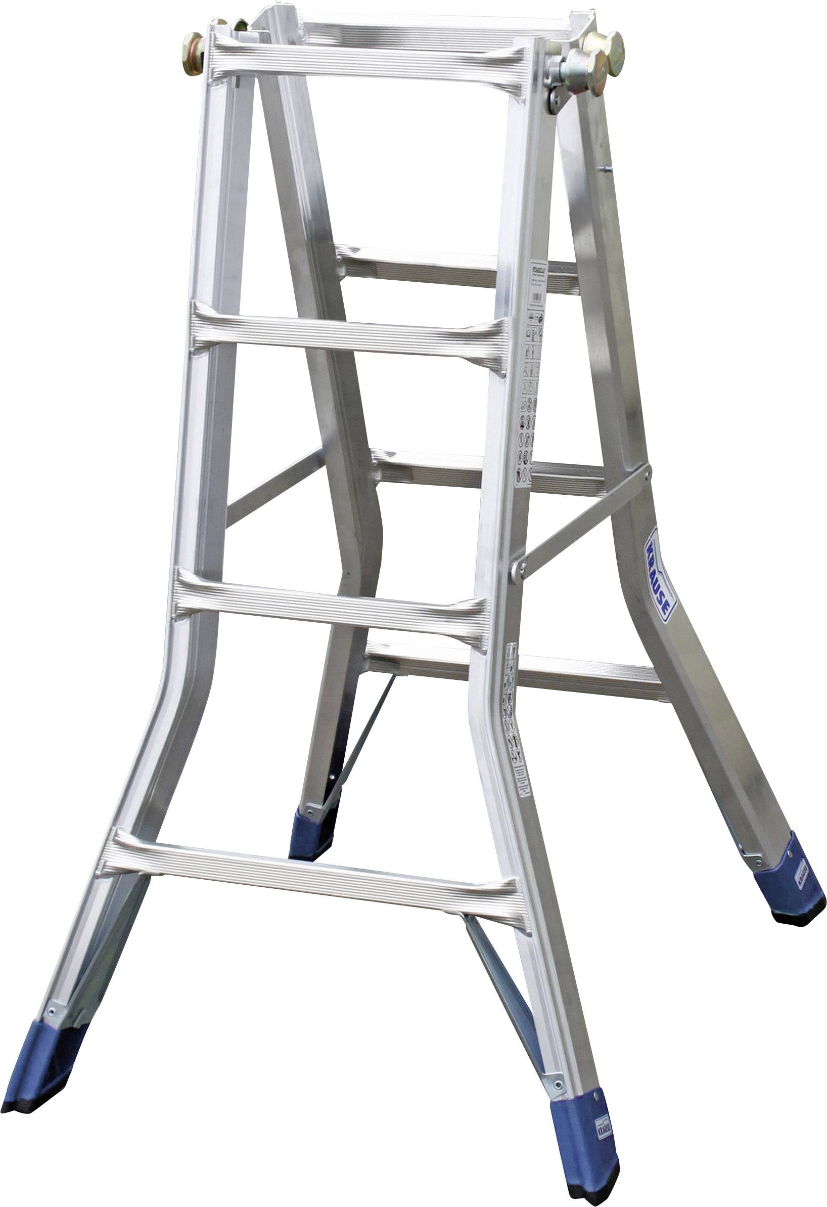 Eine silberne Klappleiter aus Metall mit vier Stufen und blauen Gummifüßen.