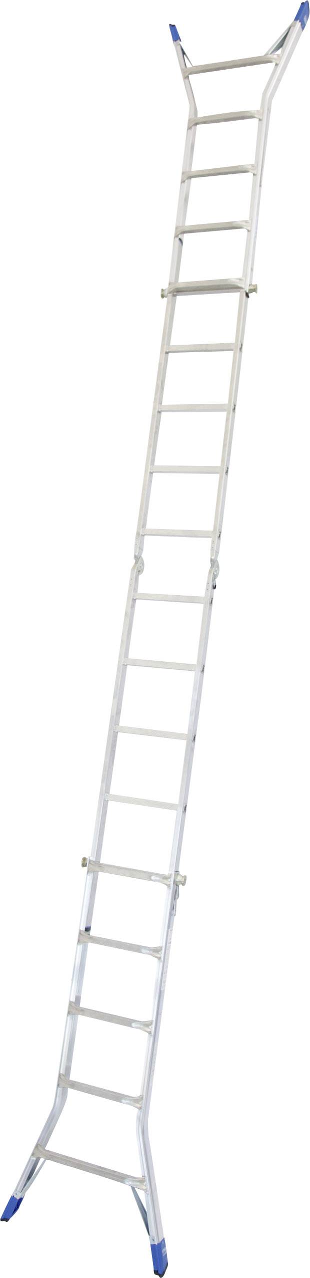 Aluminiumleiter mit blauen Kunststoffendkappen, ausgezogen und aufgestellt. Geeignet für Außenarbeiten oder schwer erreichbare Stellen.