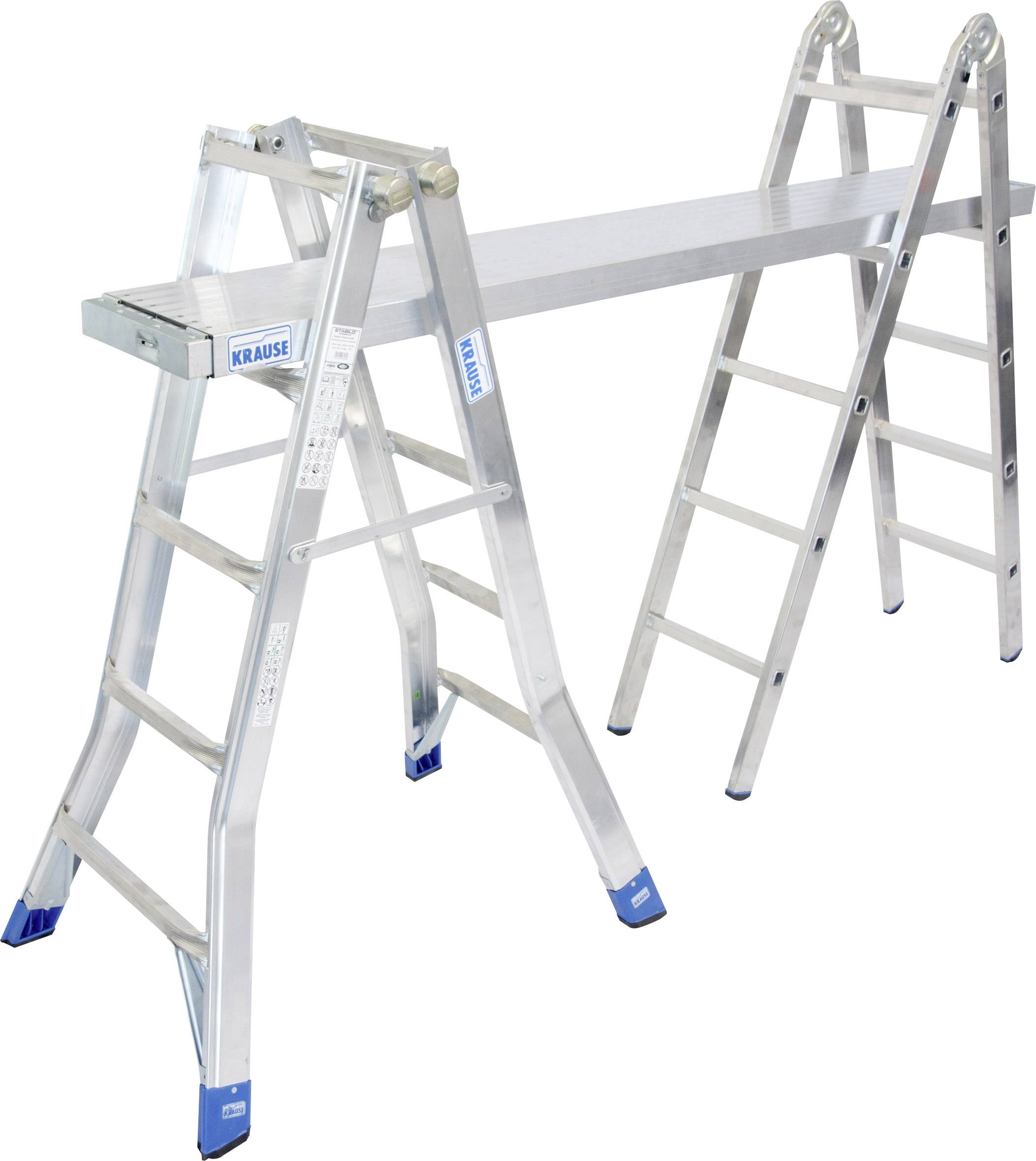 Aluminium-Gelenkleiter mit blauen Füßen in stabiler Position aufgebaut, geeignet für Arbeits- und Montagearbeiten in der Höhe.