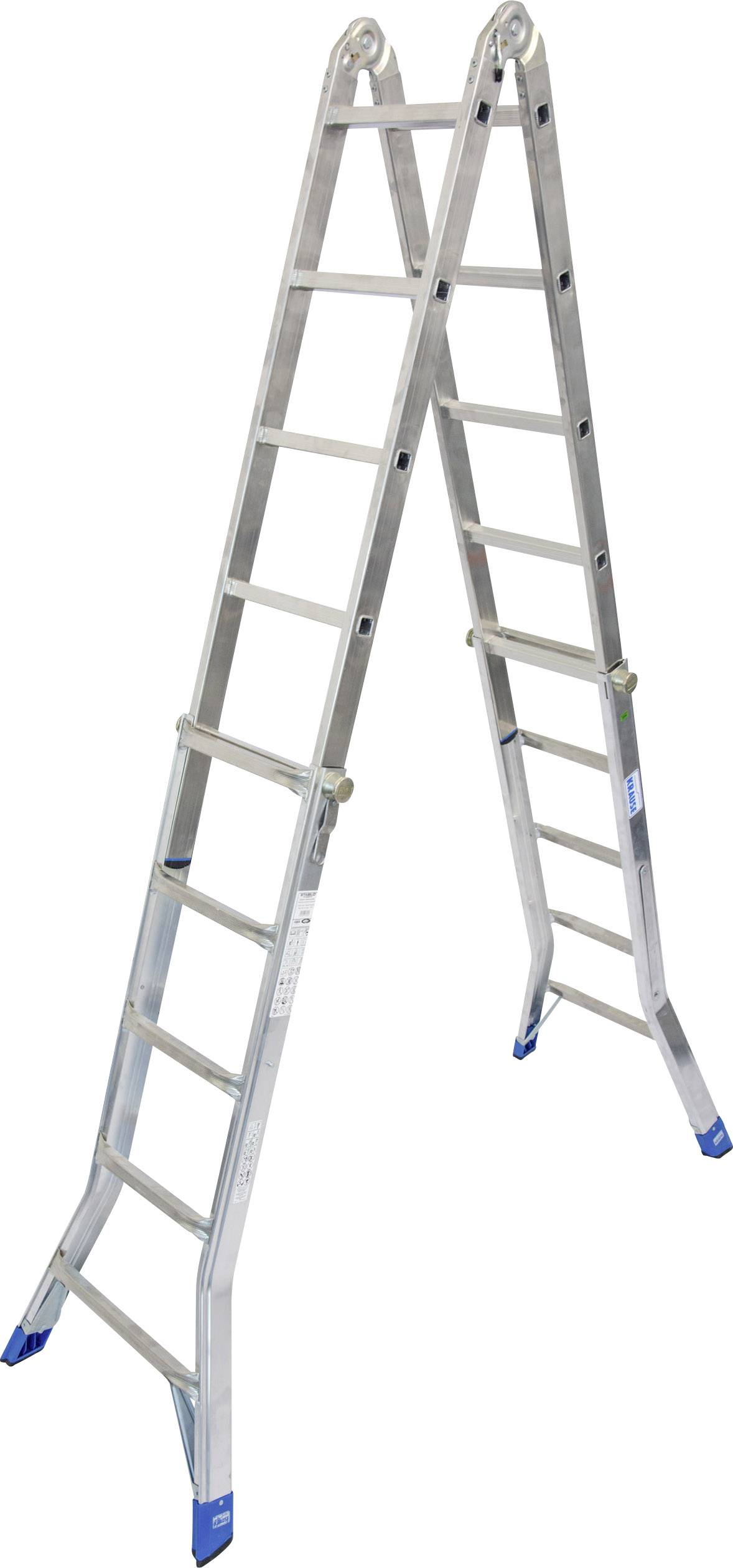 Eine aus Aluminium bestehende Doppelleiter mit blauen rutschfesten Kappen, geöffnet und bereit zur Verwendung.