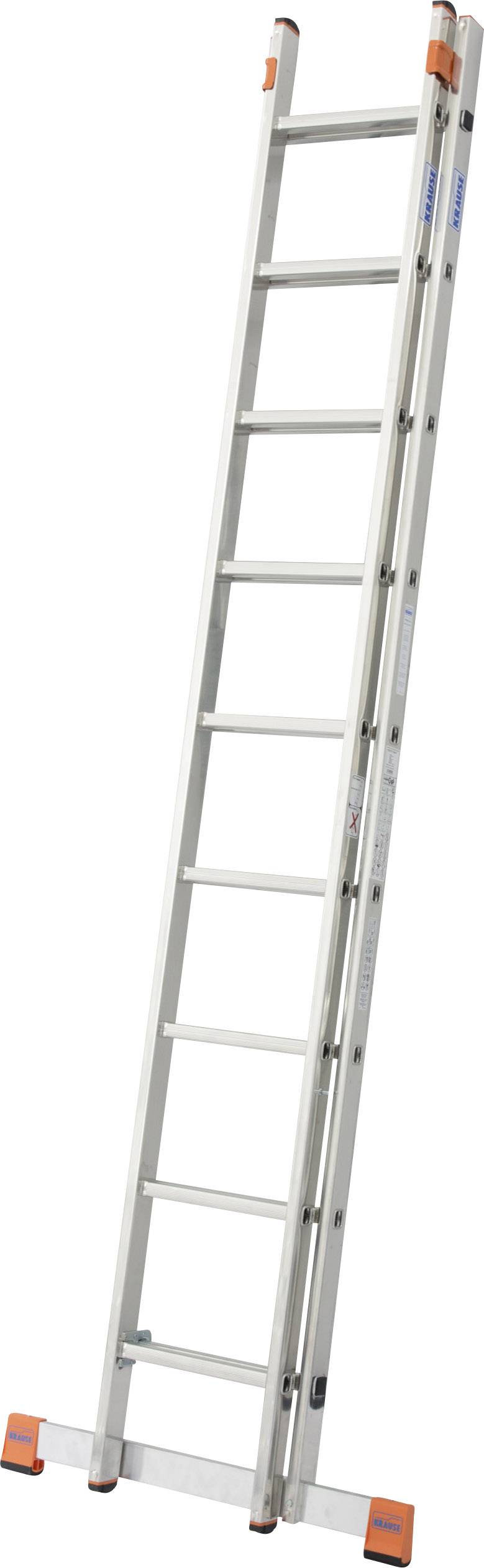 Eine silberne Aluminiumleiter mit neun Stufen, ausgefahrene Stützfüße an der Basis für Stabilität.