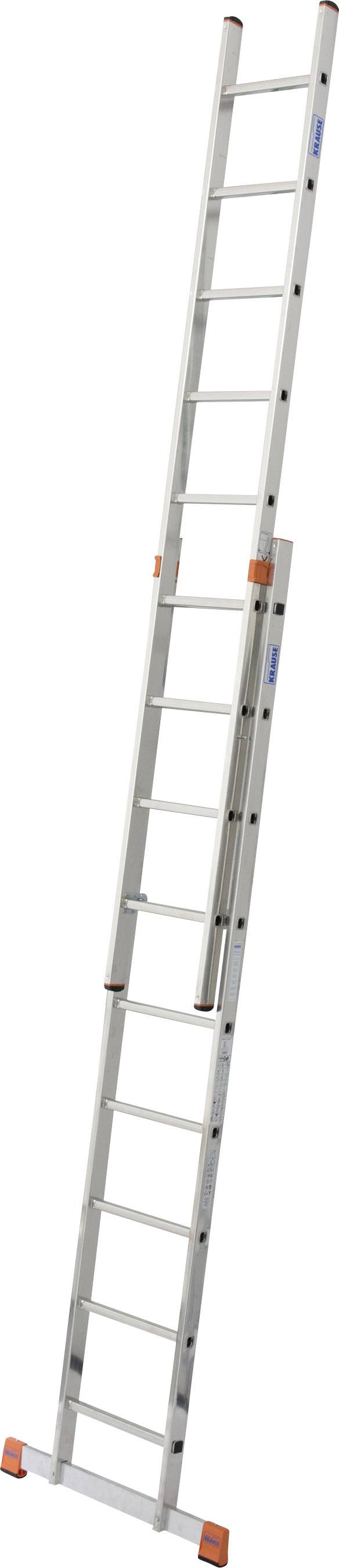 Eine ausgefahrene Aluminiumleiter mit mehreren Stufen, geeignet zum Erreichen hoher Stellen. Sie steht in einem leicht schrägen Winkel.