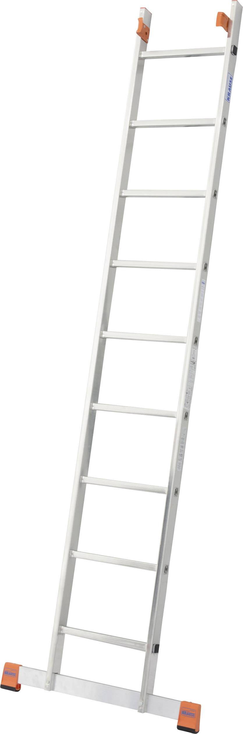 Eine einteilige Anlegeleiter, aus Aluminium, mit acht Sprossen und orangenen Schutzkappen an Enden, steht leicht angewinkelt.