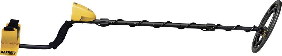 Ein Metall-Detektor mit gelbem Gehäuse und schwarzem Sucharm. Er wird zum Auffinden von Metallobjekten im Boden verwendet.