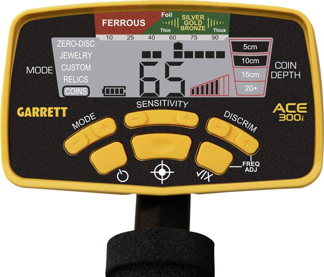 Ein Metalldetektor-Bildschirm zeigt '65'. Hinweis auf fünf Modi: Schmuck, benutzerdefiniert, Relikte, Münzen und Zero-Disc.