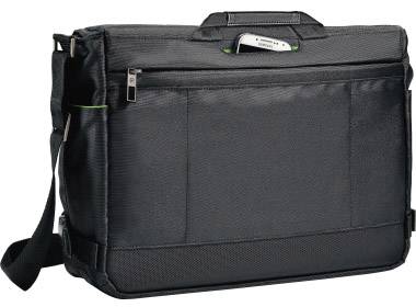 Schwarze Laptoptasche mit Schultergurt und mehreren Taschen. Oben ragt ein Smartphone aus einer Tasche hervor.