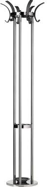 Ein moderner Metall-Garderobenständer mit mehreren Haken oben. Steht auf einem runden Sockel und hat ein minimalistisches Design.