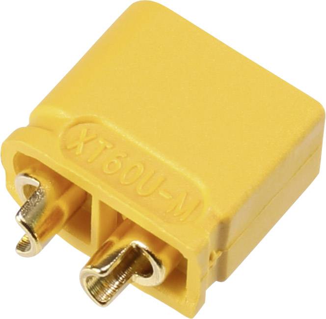 Gelber XT60-Stecker, ein Standardanschluss für elektrische Verbindungen, oft in Modellbau und Drohnen eingesetzt.