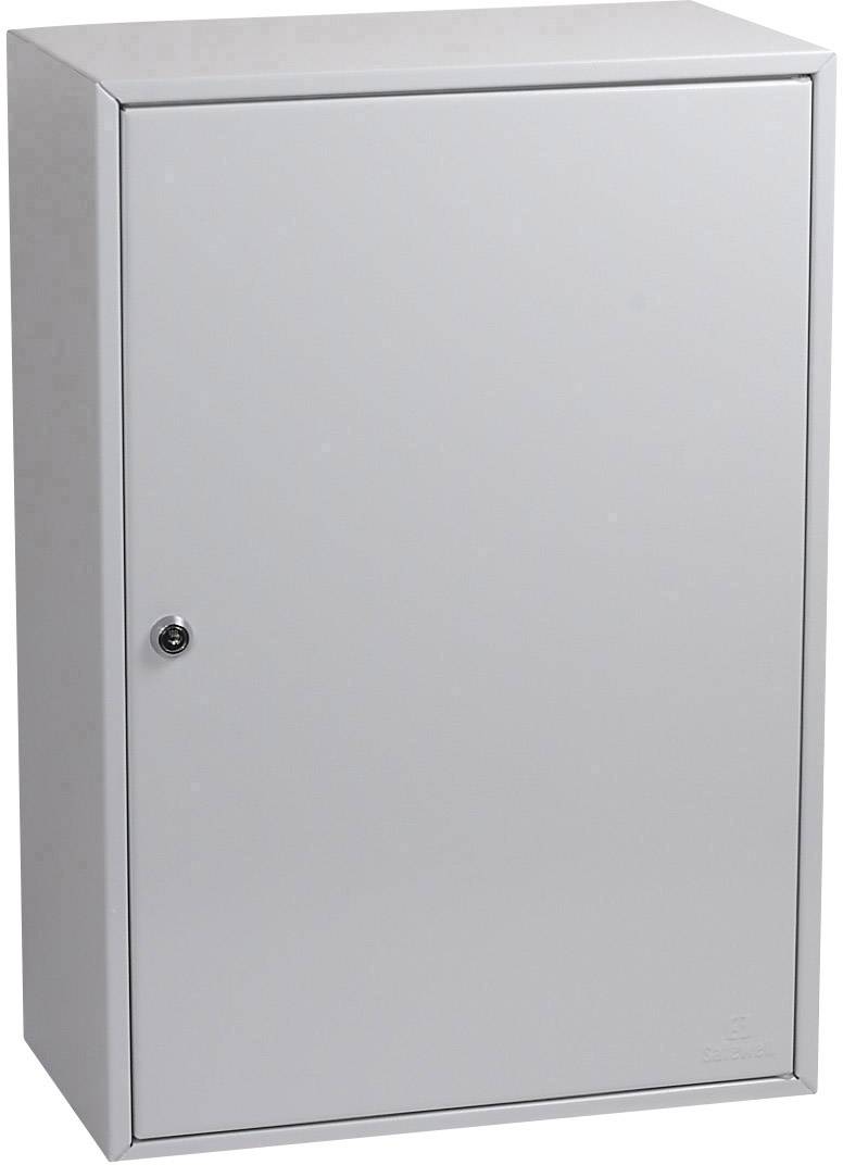Ein grauer Metallschrank mit einfacher Vorderseite und einem Türgriff an der linken Seite.