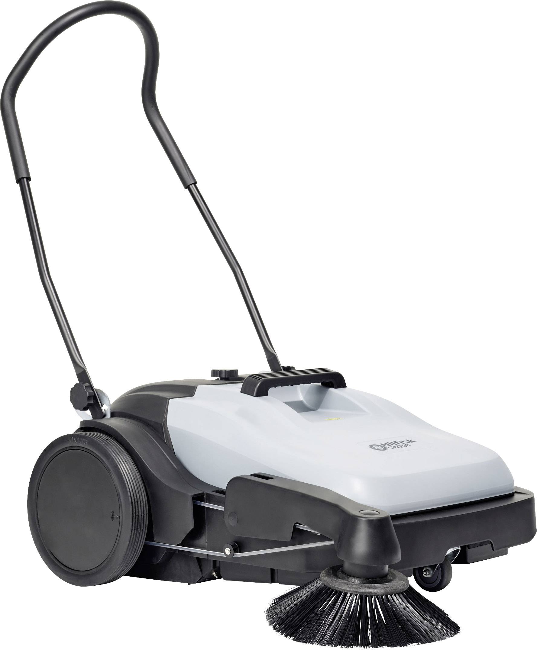 Eine graue Kehrmaschine mit großen Rädern und einem Handgriff, die vorne eine runde Bürste hat.