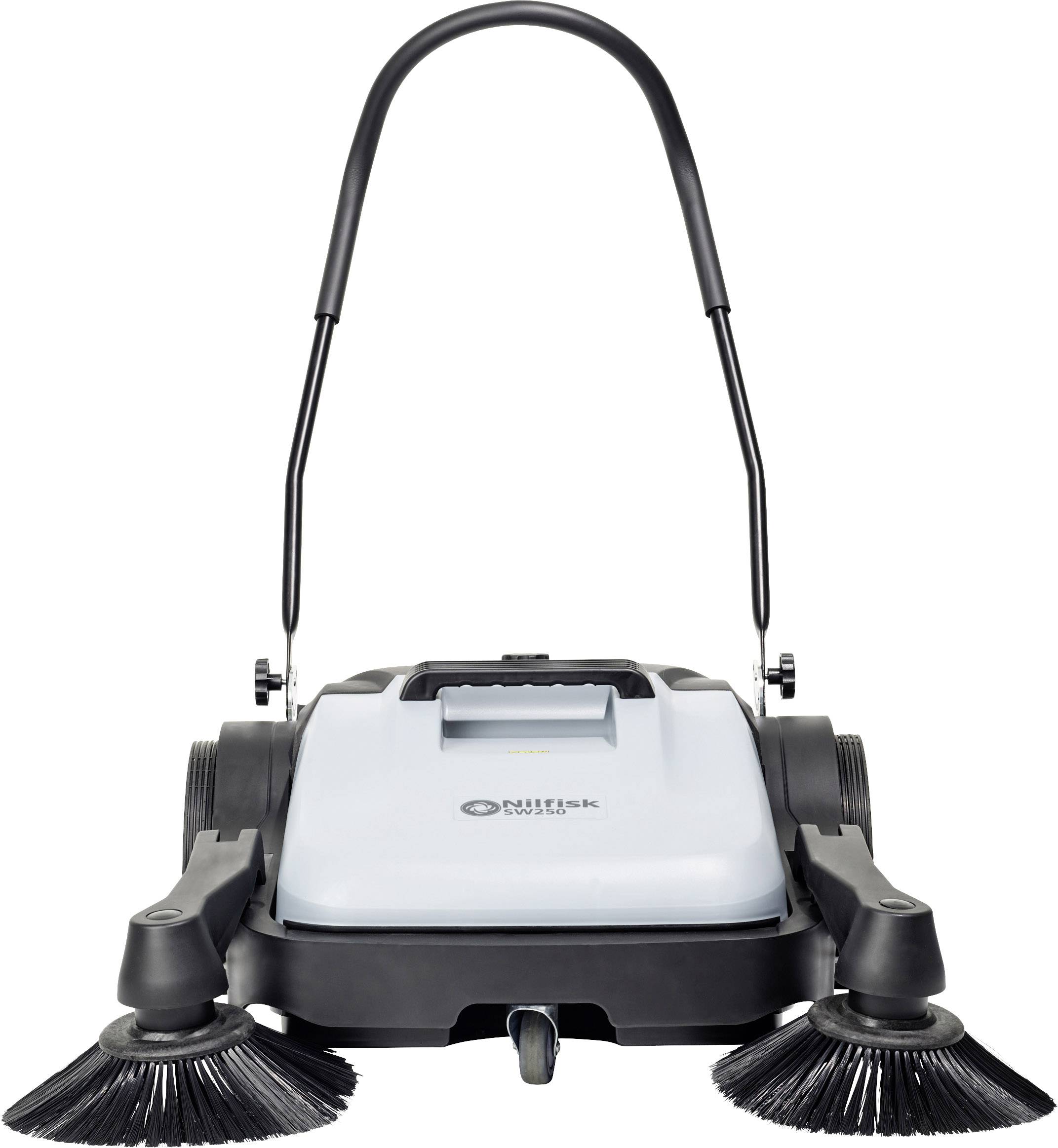 Kehrmaschine mit zwei rotierenden Bürsten, schmalem Gehäuse und Griff, geeignet für die Reinigung glatter Böden.