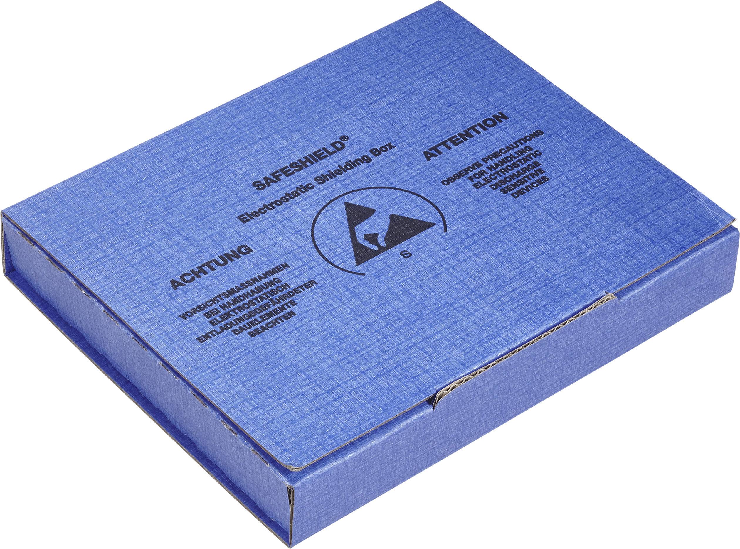 Blaue Schachtel mit Text 'Safeshield Electostatic Shielding Box', markiert als elektrostatisch empfindlich mit Warnhinweisen.