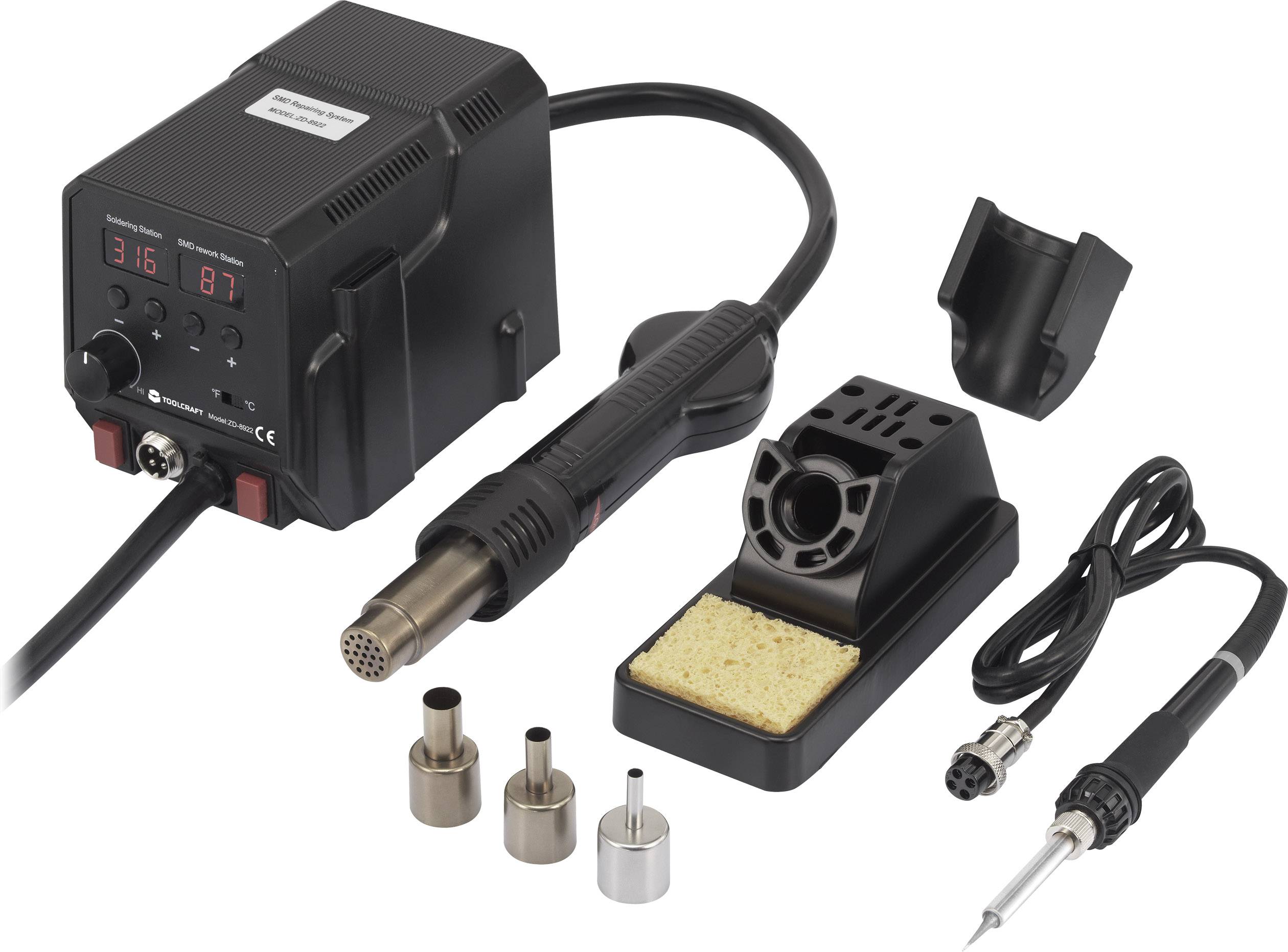 Eine Lötstation mit Heißluftfön, Lötkolben, verschiedenen Düsen, einer Halterung und einem Reinigungsschwamm. Ideal zum Löten und Reparieren von Elektronik.