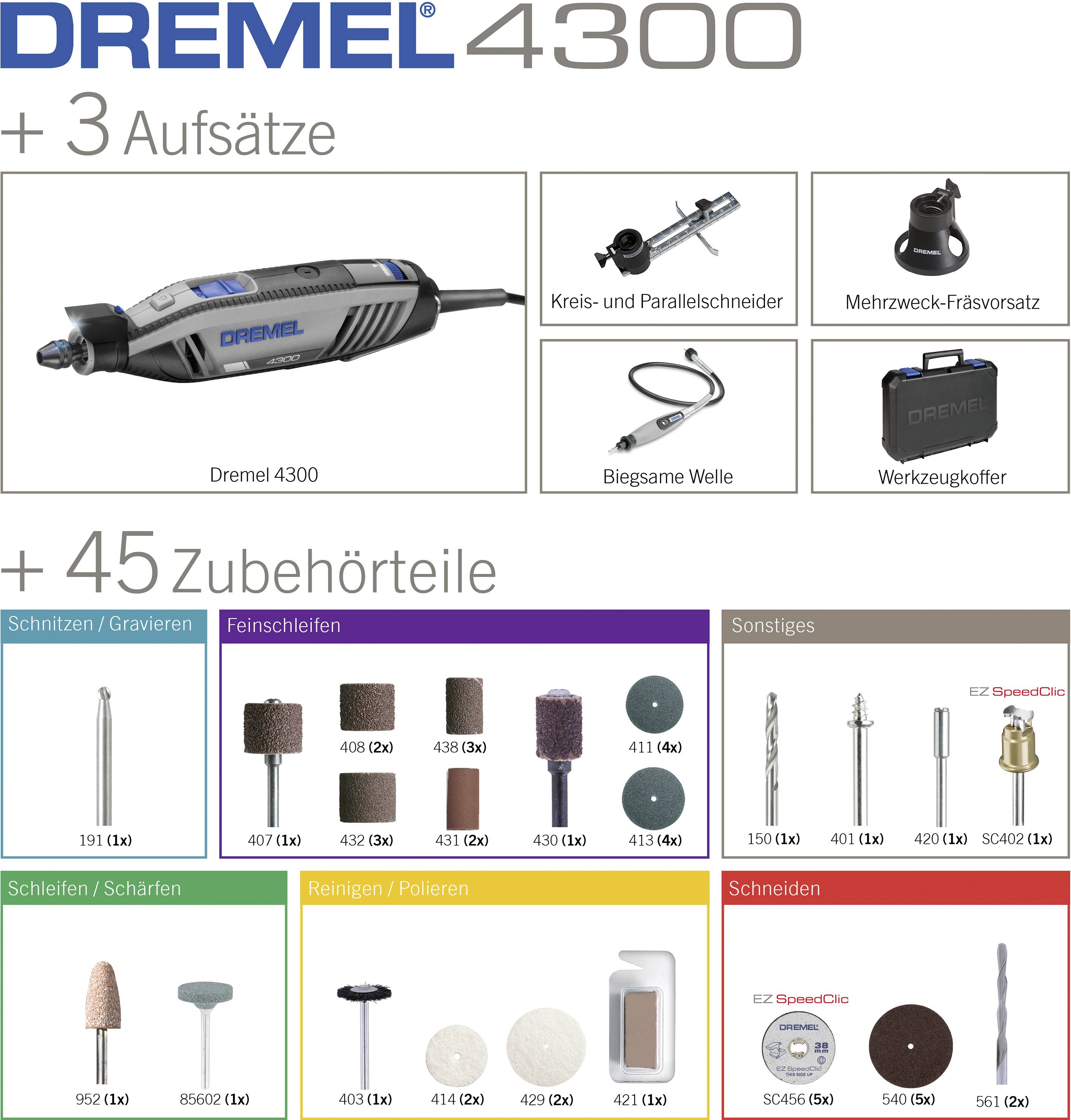 Dremel 4300-3/45 F0134300JA Multifunktionswerkzeug mit Zubehör, inkl. Koffer 175W