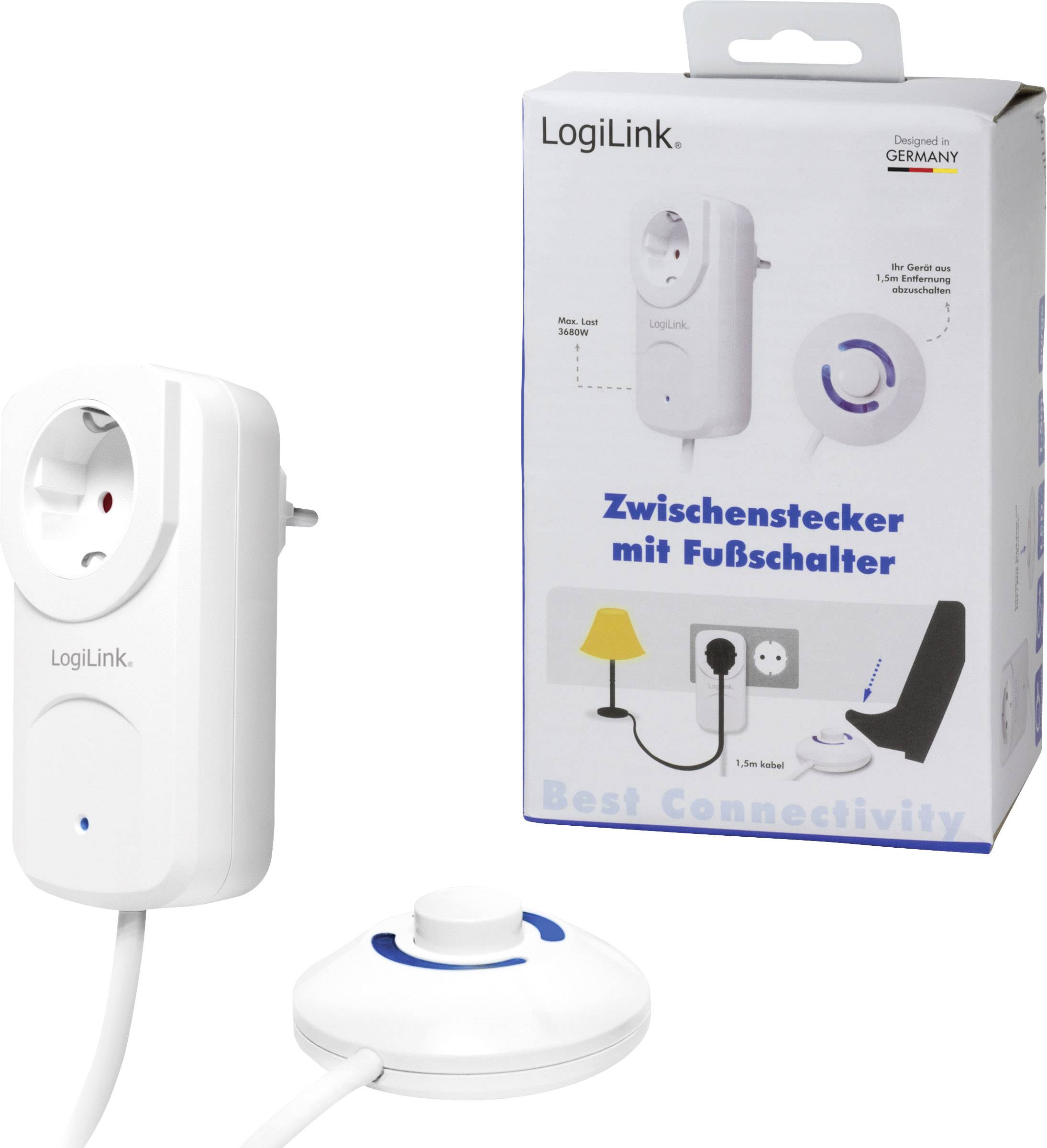 LogiLink LPS225 Schaltbare Zwischensteckdose mit abgesetztem Schalter Weiß