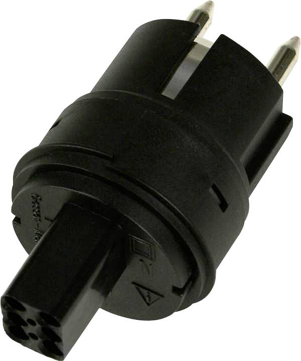 Schwarzer elektrischer Adapterstecker für den Anschluss eines EU-Geräts an eine andere Steckdose, mit rundem und flachem Anschluss.