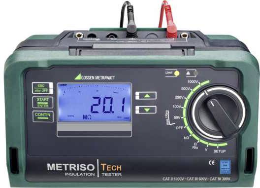 Elektrisches Messgerät zur Isolationsprüfung. Zeigt '20,1 MΩ' auf dem Display. Enthält Drehknopf für Spannungseinstellung und zwei Anschlussleitungen.