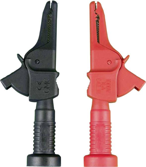 Ein schwarzer und ein roter Krokodilklemme-Stecker mit geriffeltem Griff, zur Verbindung elektrischer Schaltkreise.