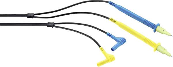 Zwei farbige Messleitungen, blau und gelb, stehen hervor und zeigen auf die rechte Seite. Sie sind für elektrische Tests verwendet.