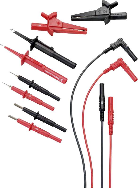 Verschiedene Messkabel und Prüfspitzen in Rot und Schwarz, geeignet für elektrische Testgeräte.