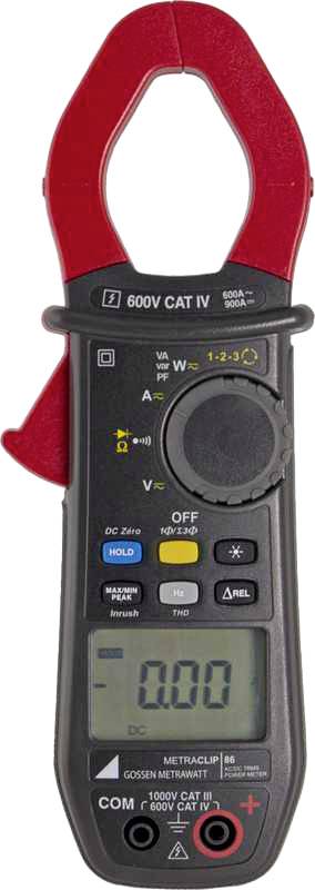 Strommesszange mit Display, zeigt '0.00', geeignet für Messungen bis 600V CAT IV. Tasten für verschiedene Einstellungen sichtbar.