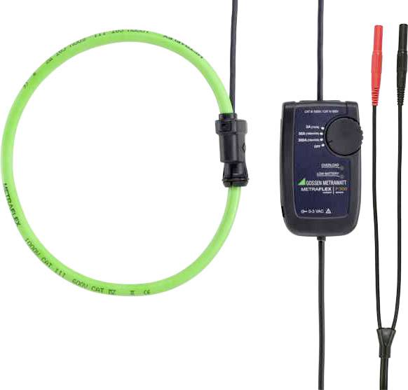 AC/DC-Messstromsensor mit grünem Messkabel und schwarzem Gehäuse. Verbindungskabel enden in roten und schwarzen Klemmen.