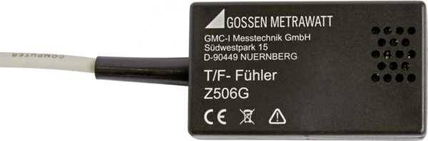 Ein schwarzer Gossen Metrawatt T/F-Fühler mit Anschlusskabel. Enthält Aufdrucke mit Kontaktadresse und Modellnummer Z506G.