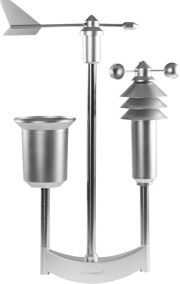 Ein Wetterstation-Sensor in Silber mit Windrichtungsanzeige, Windmesser und Regenmesser, montiert auf einem Stand.