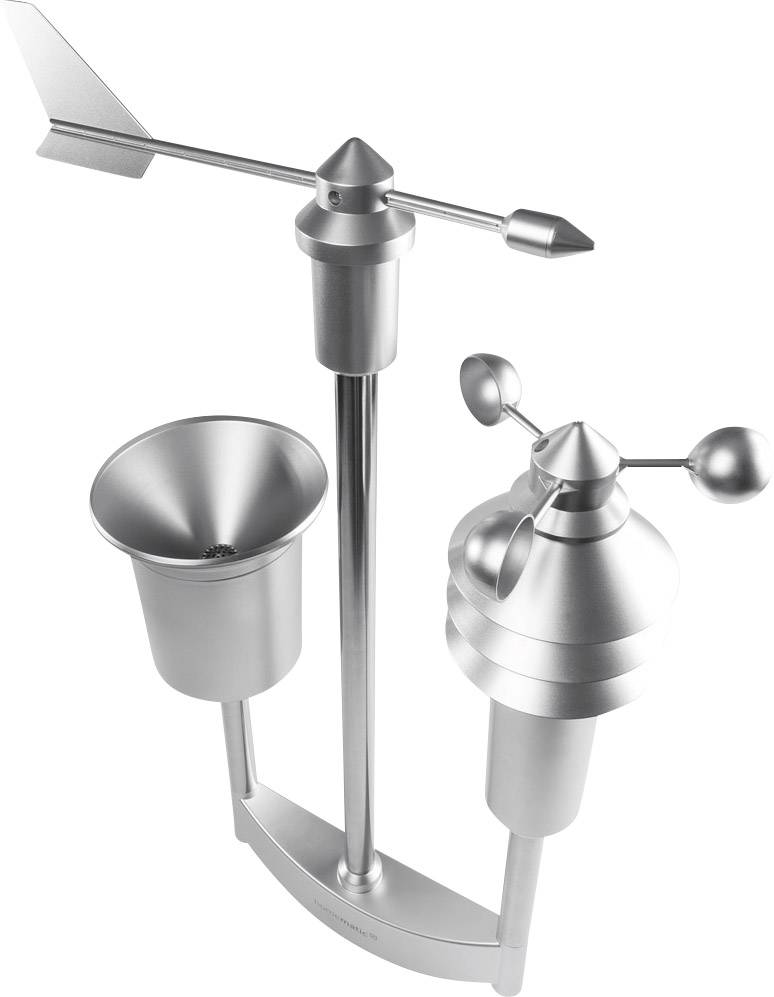 Ein silbernes Wetterstation-Instrument mit Windfahne, Regenmesser und Anemometer zur Messung von Windrichtung, Niederschlag und Windgeschwindigkeit.
