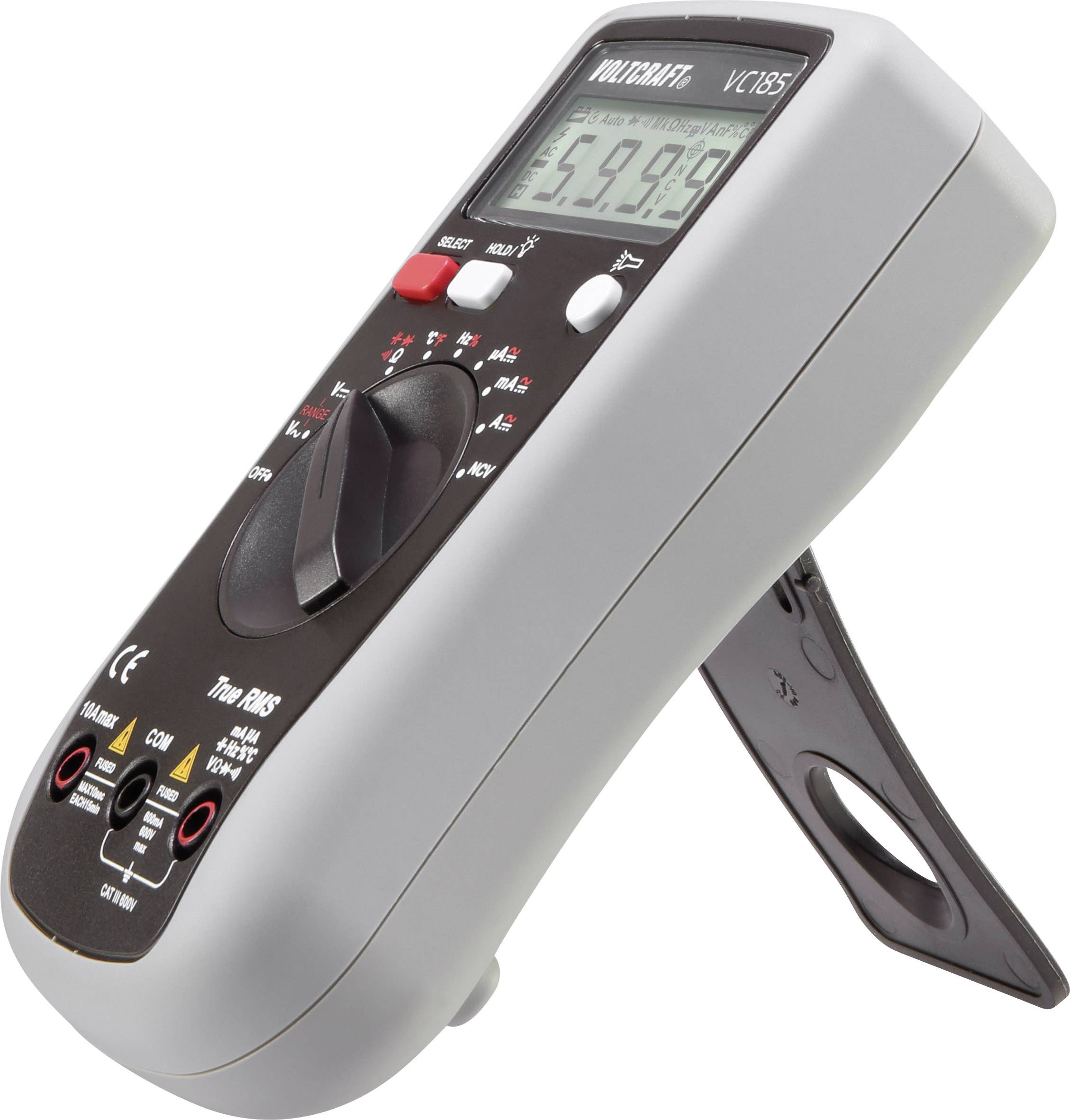 Ein digitales Multimeter auf einem Ständer zeigt '5999' auf dem Display an, um Spannungen oder Widerstände zu messen.